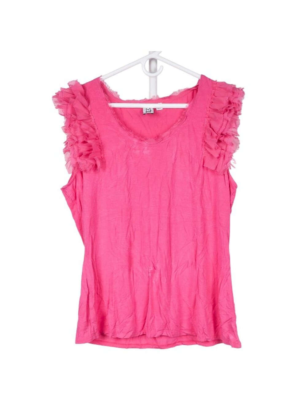 Ruffle Sleeve Tank XL Womens Pink Unfinished Hems Stretch Rayon Boho Summer - Picture 1 of 5